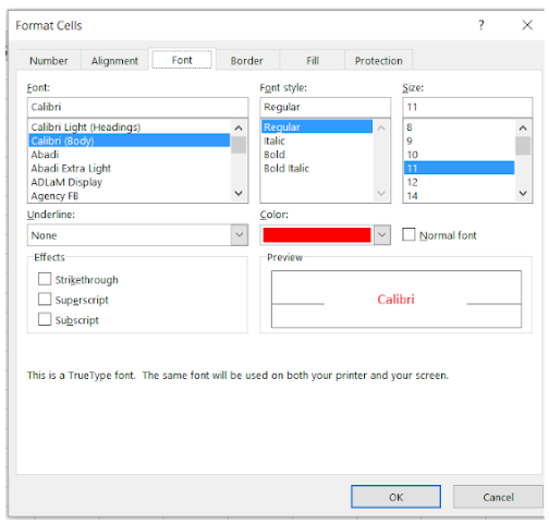 Image showing formatting options available on the font tab