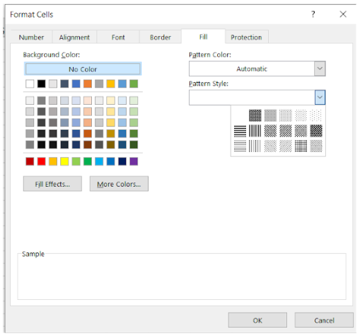 Image showing formatting options available on the fill tab