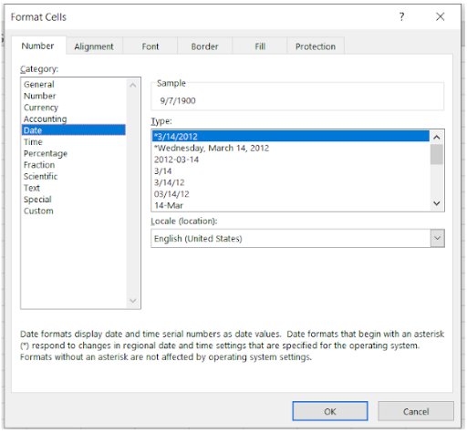 Image showing number format dropdown menu