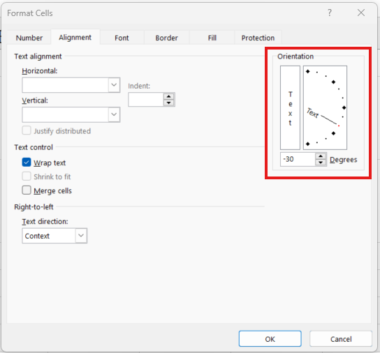 Image showing how to change the text orientation in the format cells dialog box