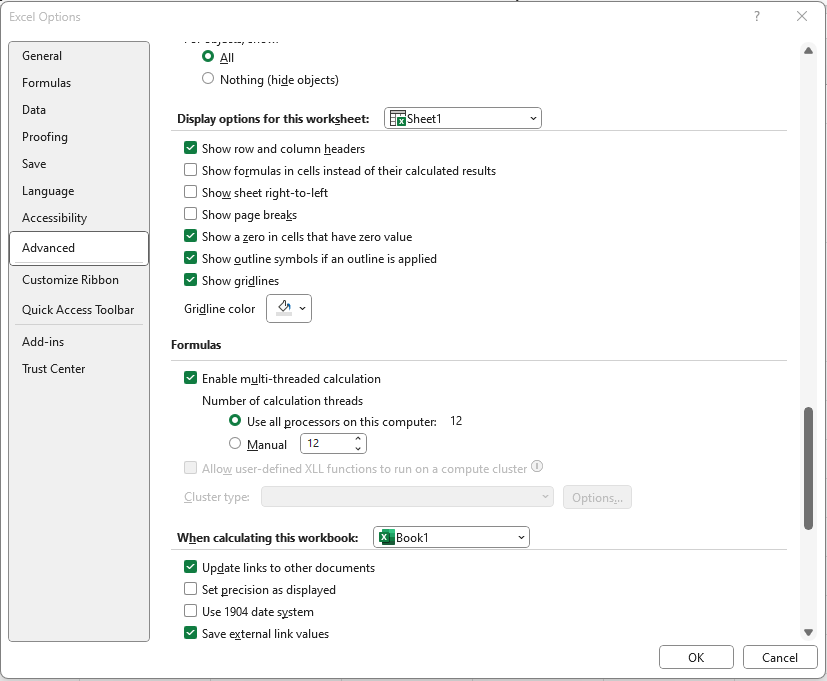 Image showing where gridline color can be changed using Options on the File Tab and then selecting Advanced Settings