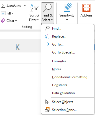 Image showing find and select dropdown menu