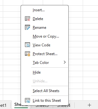 Image showing the worksheet tab right click menu