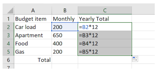 Image showing the fill handle being used to apply a cell formula to each subsequent line