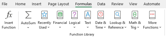 Image showing the Function library on the formula tab