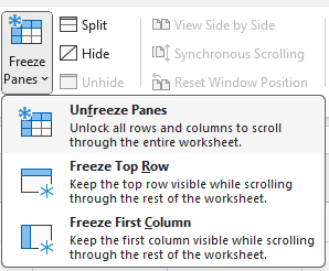 Image showing that when a column or row is frozen, the Unfrozen Panes option will appear on the Freeze Pane dropdown menu