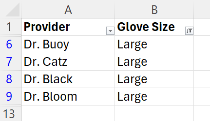 Image showing glove size data filter being applied to the worksheet