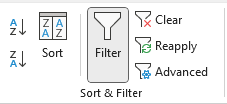 Image showing the sort and filter group on the data tab