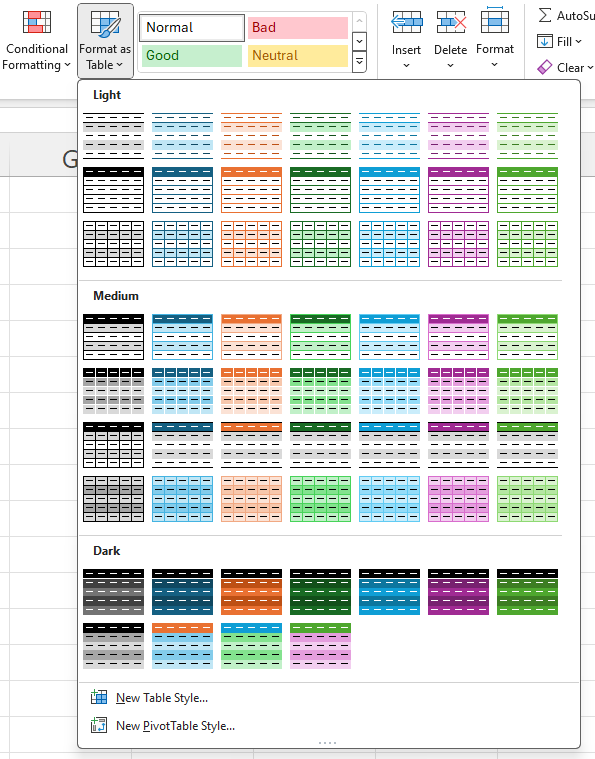 Image showing various table styles options in the Format at Table dropdown menu