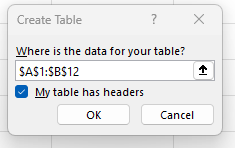 Image showing the create table dialog box