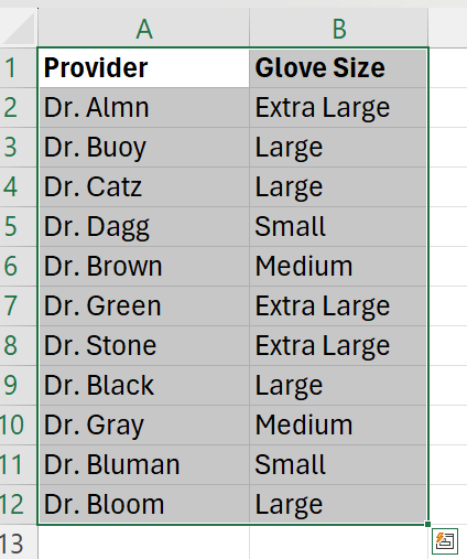 Image showing two columns of data selected ahead of sorting alphabetically