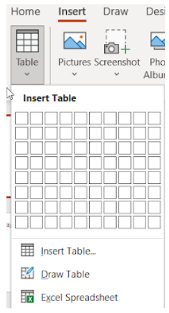 Image showing the table menu from the tables group of the insert tab