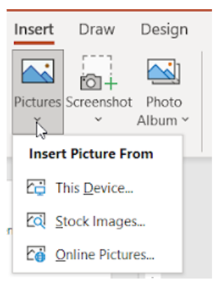 Image showing the pictures menu for the images group on the insert tab