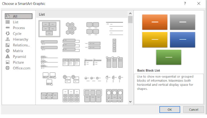 Image showing the choose a smart art graphic dialog box