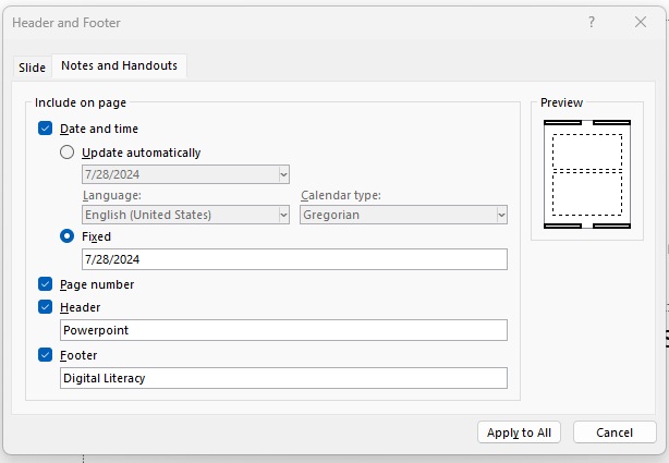 Image showing adding a header and footer to the notes and handouts