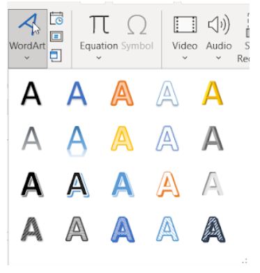 Image showing a selection of options for the Word Art button