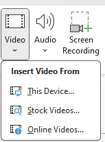 Image showing the dropdown menu for the video command in the media group