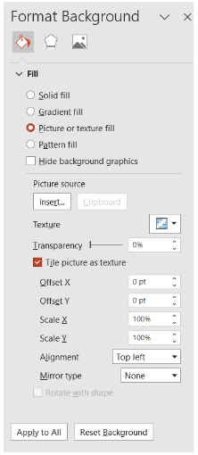 Image showing format background pane options for picture or texture fill