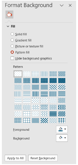 Image showing format background pane options for pattern fill