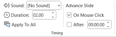 Image showing the time group on the transitions tab