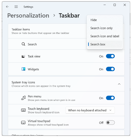 Image showing task bar search options in windows 11