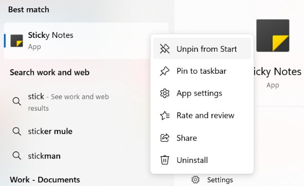 Image showing how to unpin an application from the start menu in Windows 11