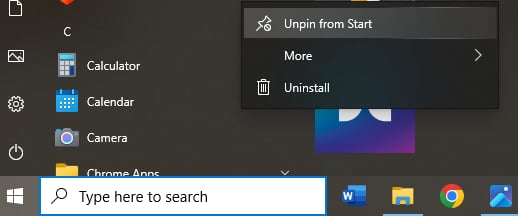 Image showing how to unpin an application in the start menu in Windows 11