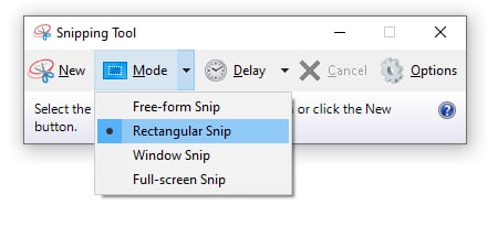 Image showing the Windows 10 Snipping Tool window