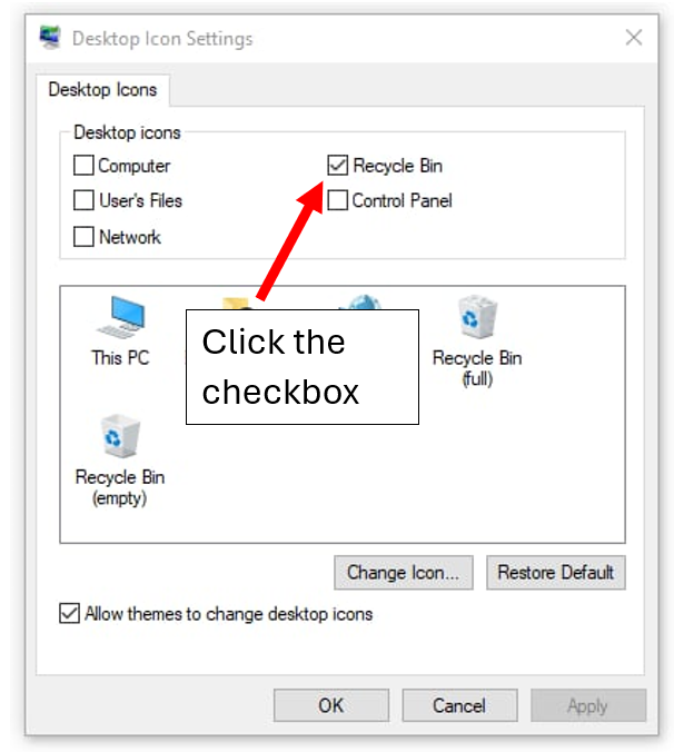 Image showing Desktop icon settings in Windows 10 with an arrow indicating the recycle bin icon's checkbox