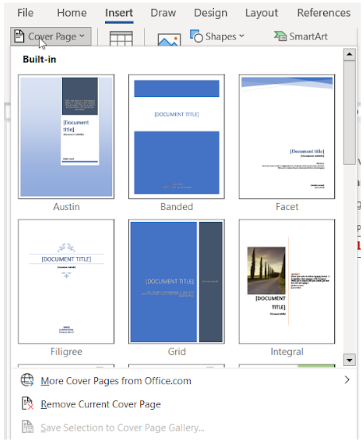 Image showing the cover page menu in the pages group