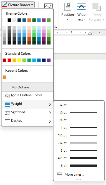 Image showing the options for line weight