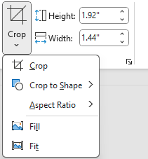 Image showing size group commands and crop menu