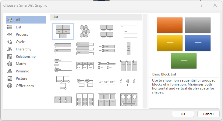 Image showing the choices in the smart art graphic dialog box