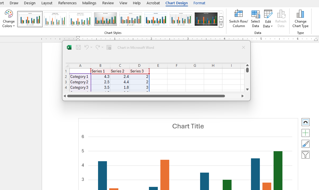 Image shows an excel spreadsheet being used to modify the chart