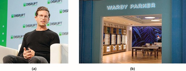 Image showing CEO Dave Gilboa sitting in a chair on the left and the store front of Warby Parker on the right