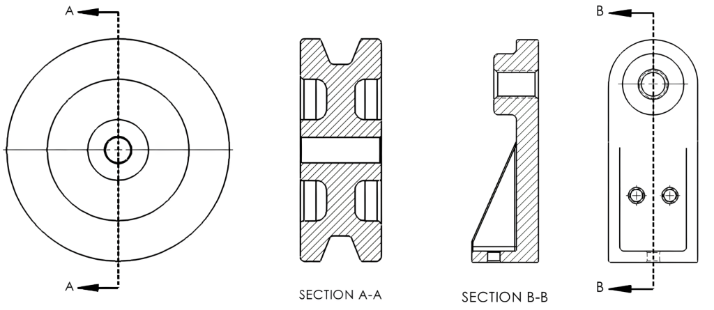 Full section view where part is cut in half
