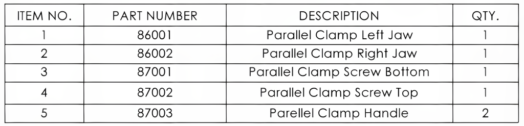 Table showing an assembly parts list that identifies the components of an assembly