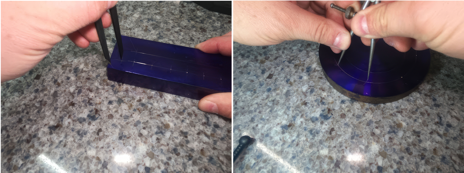 Two views of hands using a spring divider is to create a scribed arc