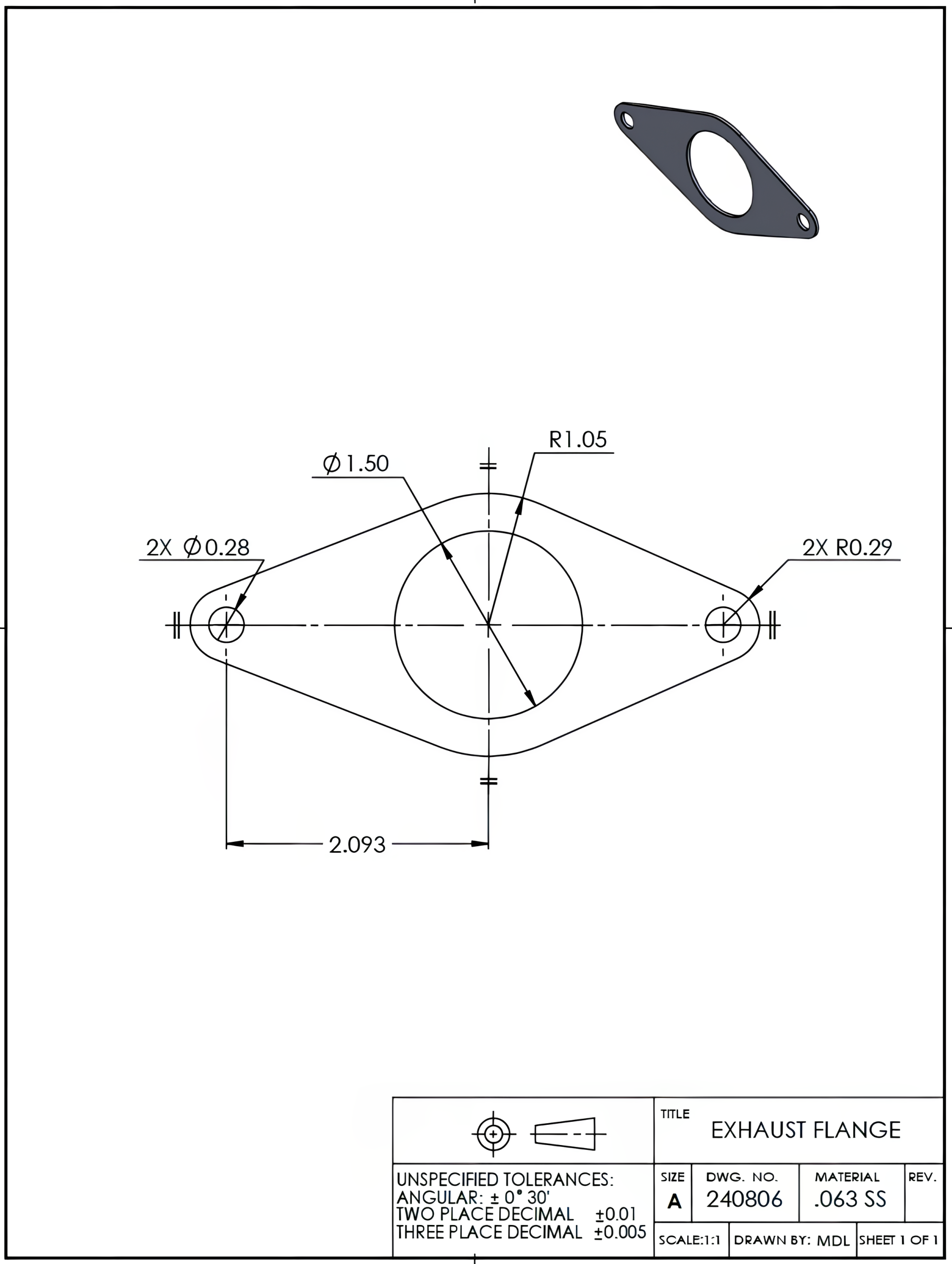 A single view drawing of an exhaust flange