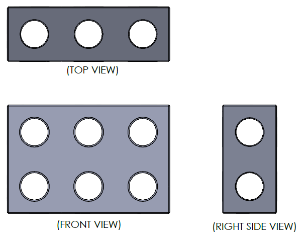 An object shown from top, front, and right side views