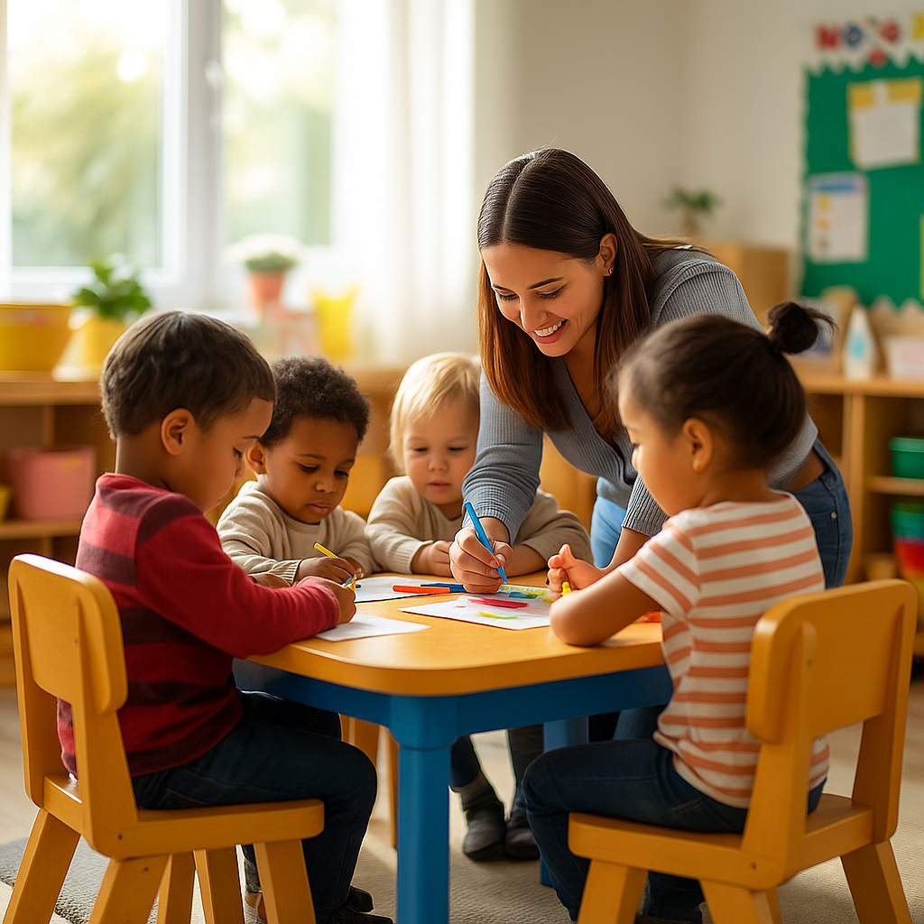 An AI simulated preschool classroom with a teacher engaging in an activity with four students