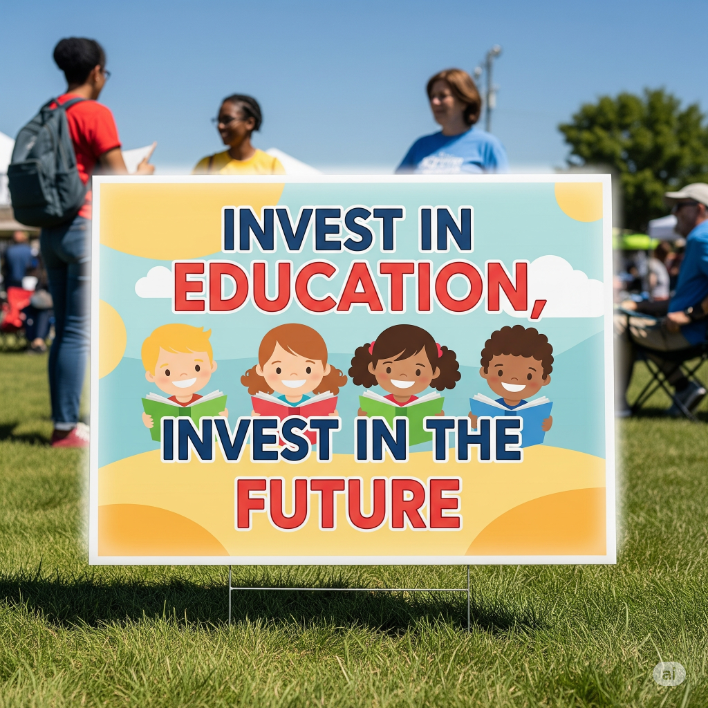 Outdoor scene showing three people standing behind a sign that reads invest in education, invest in the future