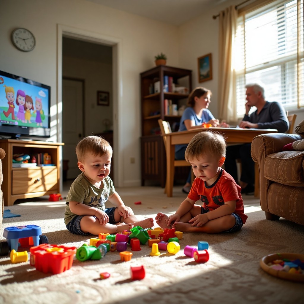 A simulated living room with two parents talking in background and two children playing with toys in foreground