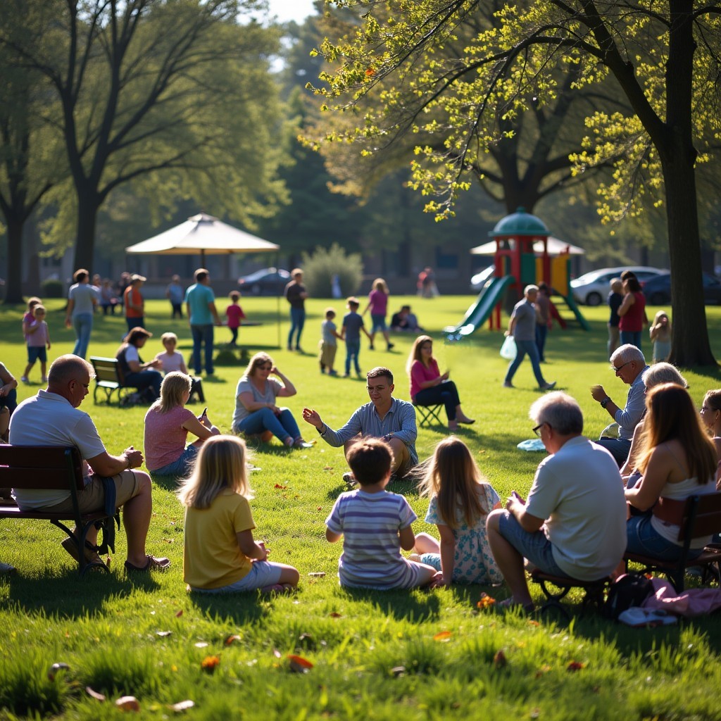 AI outdoor park scene with more than 20 people sitting, playing, walking, and enjoying the park