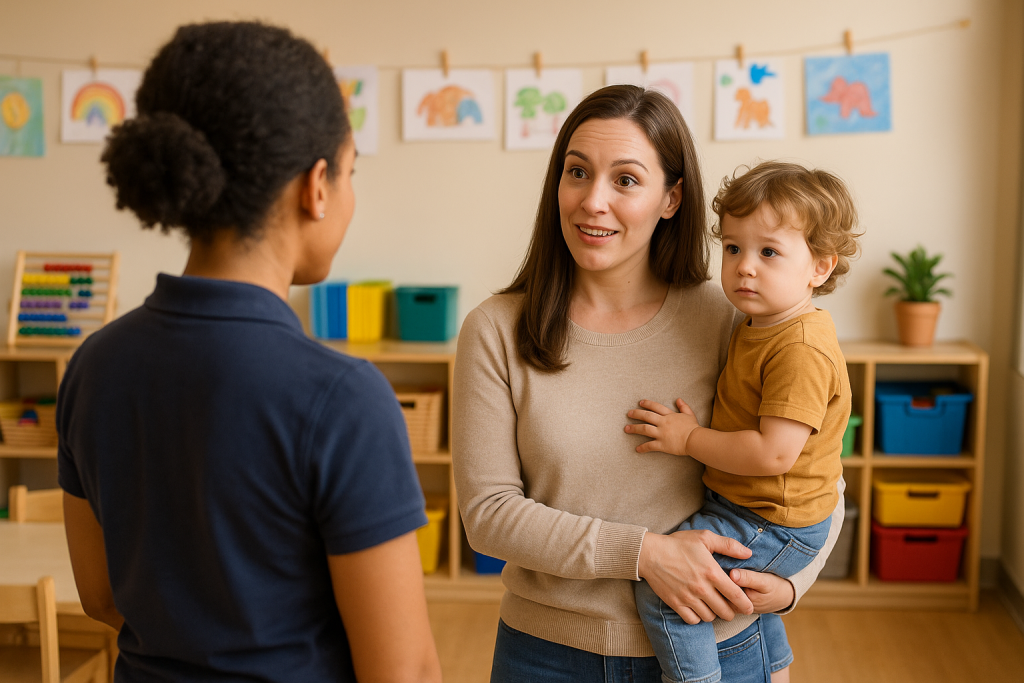 Two women are standing in a preschool classroom. One woman is holding a young child and smiling.