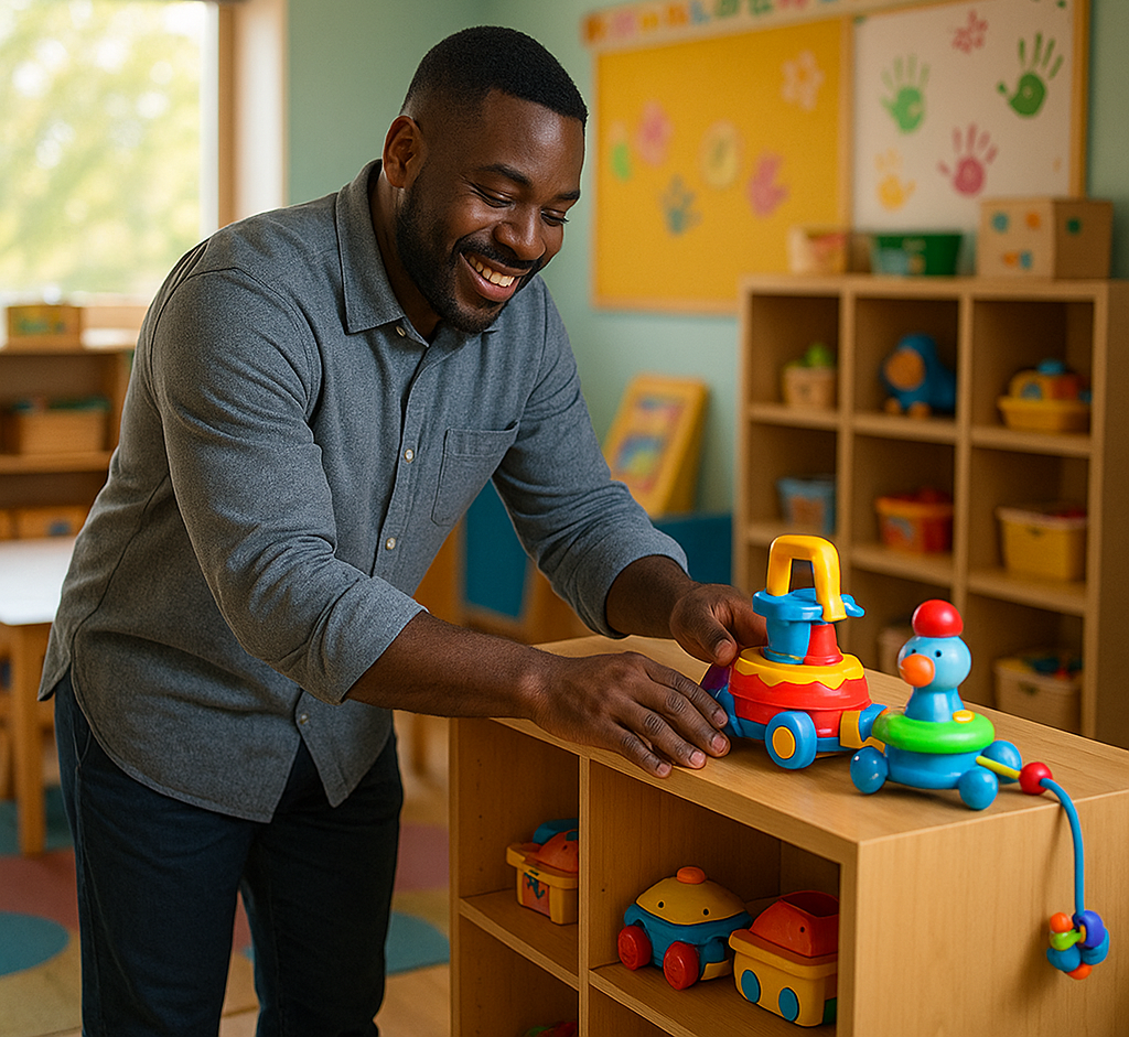An educator is setting up their preschool classroom