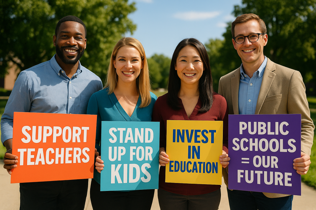 Four people are holding educational advocacy signs
