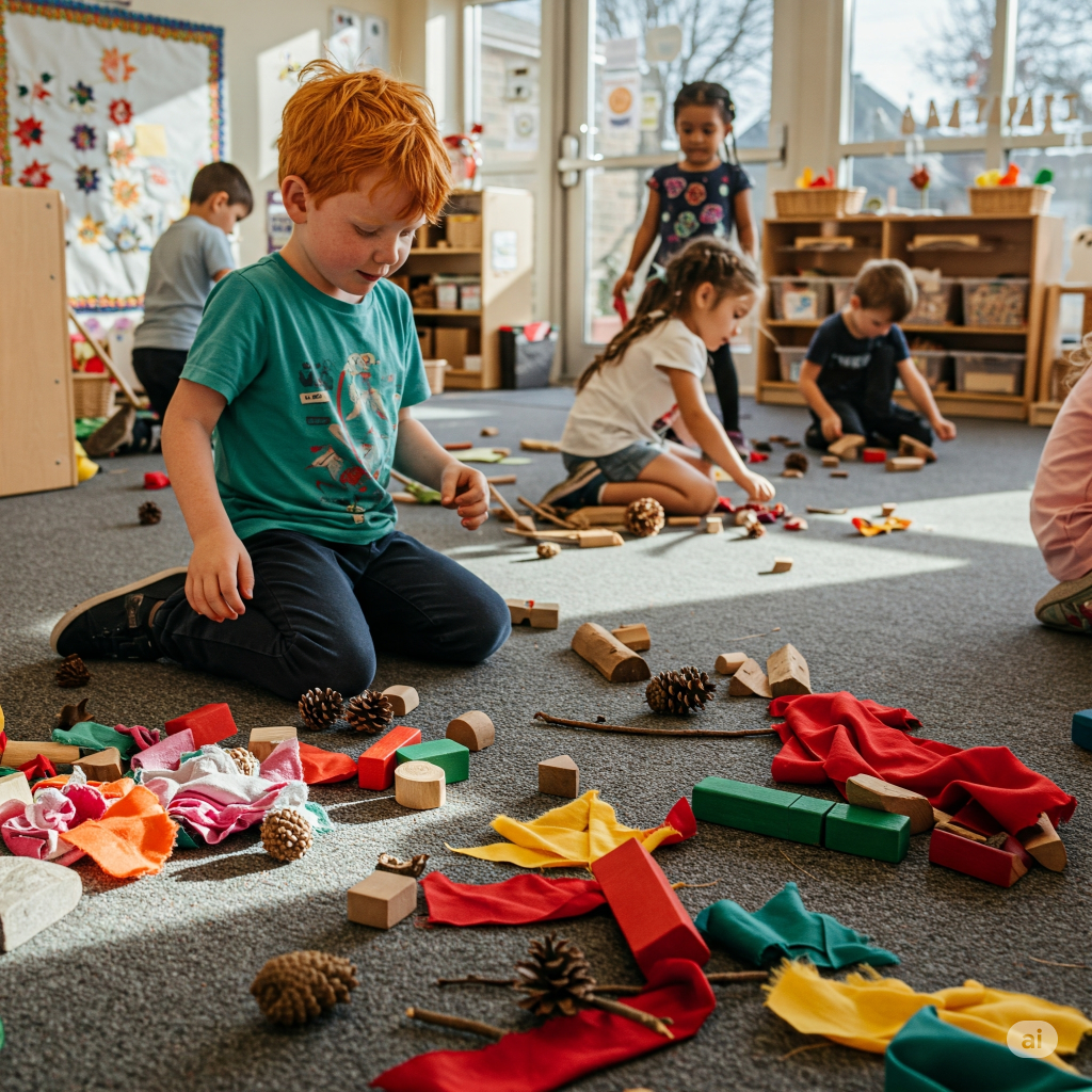 Young children are playing with loose parts in a naturally lit classroom