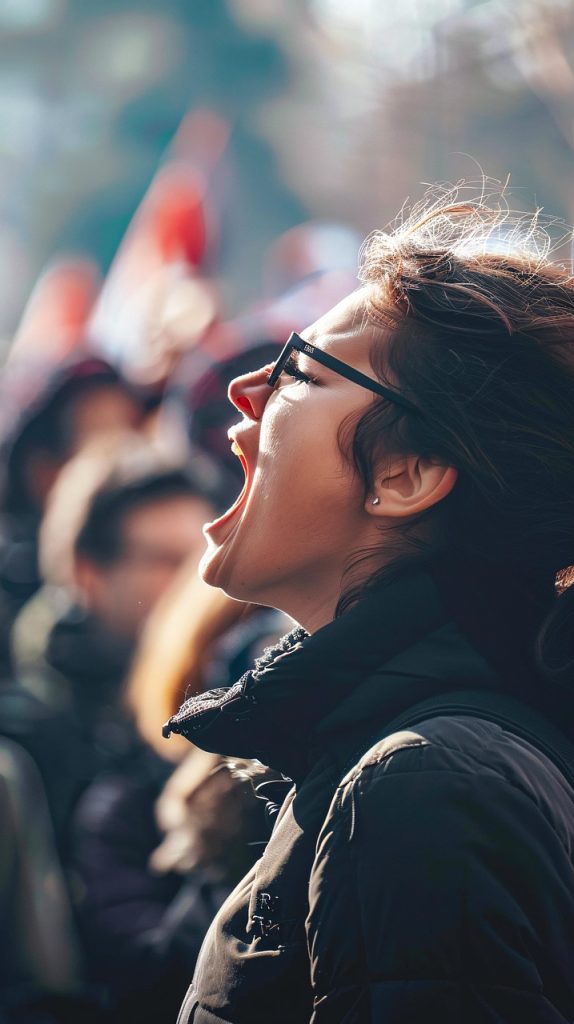 "ai-generated-8915628_1280" by Vilkasss, via Pixabay is licensed under CC0 a person is shouting in the foreground, with a unfocused crowd behind them