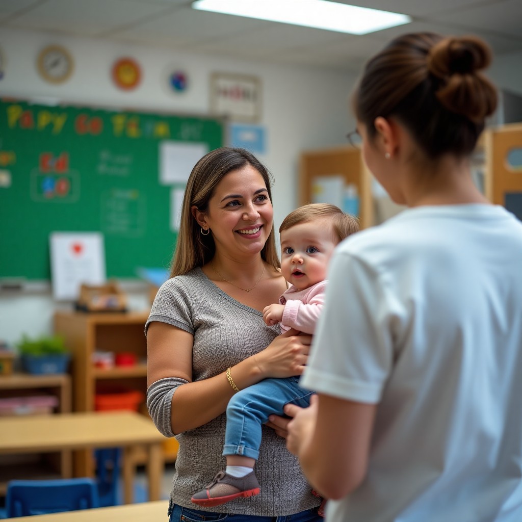 Two women are standing in a preschool classroom. One woman is holding a young child and smiling.
